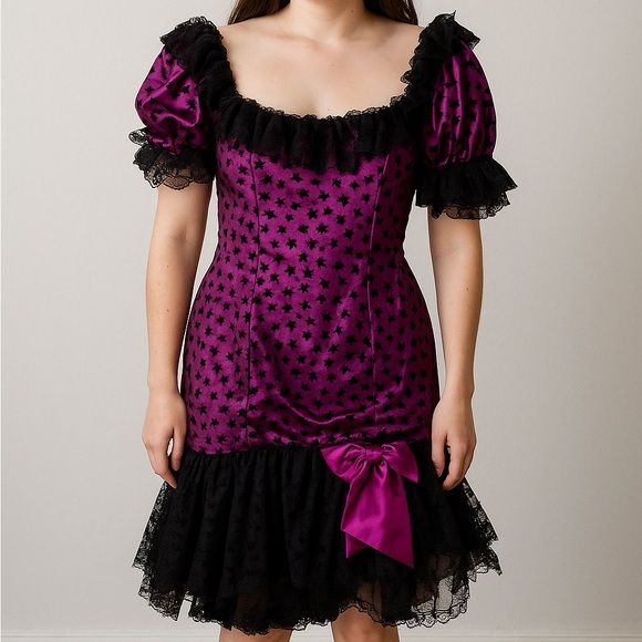 Vintage Loralie Gothic Velvet Lace Dress Purple Black Bow Prom 80s‎ Size 8 - Picture 1 of 10